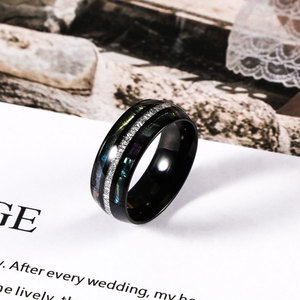 Bague en acier inoxydable pour hommes, incrustation géométrique noire, nacre colorée, bijoux de mariage SA1228 - Product Image 1