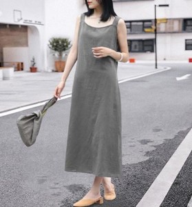 Robe longue en coton et lin faite à la main pour femmes, sans manches, décontractée, coupe évasée, pour l'été, OEM ODM, étiquette privée - Product Image 2