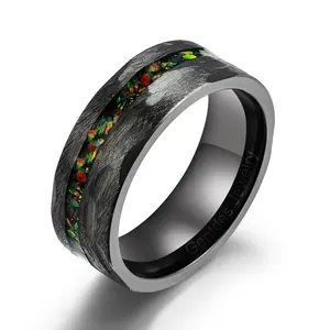 Gentdes Perhiasan Modis Cincin Pria Cincin Disikat Matte Hitam Dipalu Tatahan Halus Hancur Opal Titanium Cincin Pernikahan