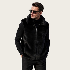 Gilet court en fausse fourrure noire pour homme, à capuche, avec fermeture éclair, chaud pour l'hiver, sans manches, style vison, décontracté, vente en gros - Product Image 3