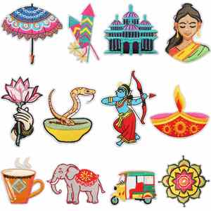 Happy Diwali <b>Iron</b>-On Embroidered Nonwoven Felt Polyester Thread Cloth Patch Indian Festival Sticker Candle Lotus Embroidery - Product Image 1