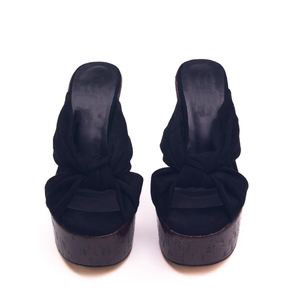 Women Wooden Prints Pumps High <b>Wedge</b> Heels Suede Sandals Dress Bow-knotted Thick <b>Platform</b> on Mules Peep Toe Shoes - Product Image 6