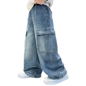 Jeans amples tendance pour enfants, avec poches, en denim bleu délavé, pour petits garçons, personnalisables - Product Image 4