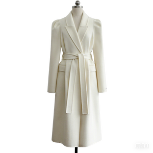 YRW043 Abrigo de lana 100% de doble cara de lujo Abrigo largo con cuello de traje de mujer con cinturón - Product Image 1