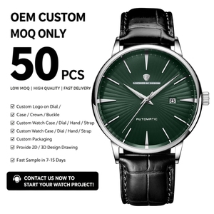 ขั้นต่ำสั่งซื้อ 50 ชิ้น รับผลิตตามแบบ OEM นาฬิกาข้อมือผู้ชายสแตนเลสสตีล ดีไซน์ธุรกิจและลำลอง ระบบออโตเมติก สายหนังแท้ - Product Image 1