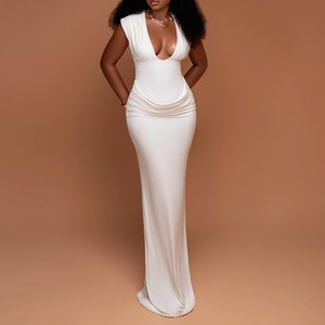 Abito Elegante Personalizzato con Arricciature, Vestito Lungo Aderente da Donna con Scollo a V, Classico e Sexy, per Serate e Cocktail Party - Product Image 1