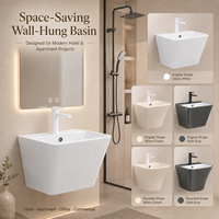 Lavabo mural en céramique moderne et écologique, gain de place, pour projets hôteliers, hospitaliers et d'appartements