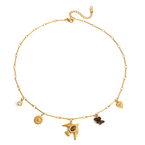 18K Gold Bird Pendant Necklace With Tiger Eye And Diamond Accents Everyday Wear Themed Animal Charm Jewelry - Product Image 5