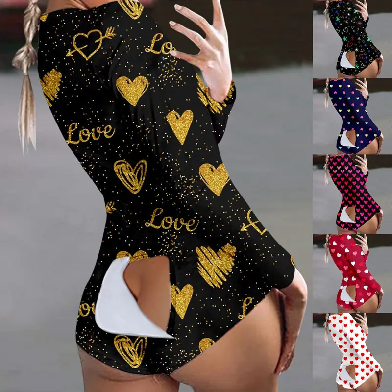 Wholesale Custom Logo Sexy Adult Sleepwear Valentine's Onesie Printed Love Heart Women Jumpsuit Overall Romper With Butt Flap