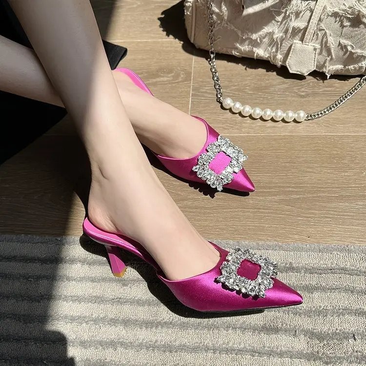 2024 nuevos zapatos de moda para mujer, Sandalias de tacón alto con diamantes de imitación y punta estrecha