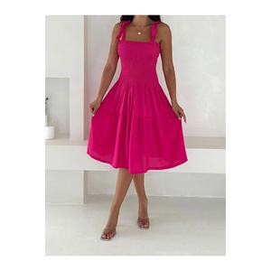 Women's Pink Sleeveless Midi <b>Dress</b> With Tie Straps And Flared Skirt For Summer Casual Wear - Product Image 1