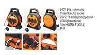 Enrouleur de câble rétractable ZNPON 15M, 3 prises SCHUKO, robuste, avec éclairage LED, IP44, prise CEE, USB et protection contre les surcharges