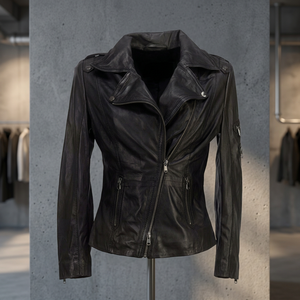 Women's Adults Stylish Slim Fit Biker Jacket Black Genuine Cow <b>Skin</b> Leather Creased Design Breathable Reversible Waterproof - Product Image 3