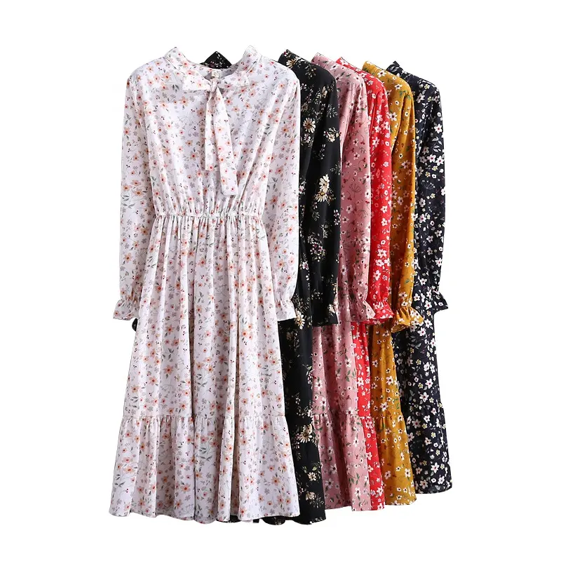 2021 Vintage Floral Printing Chiffon Dress Summer Women Long Sleeved Dress Retro Collar Casual Slim Dresses