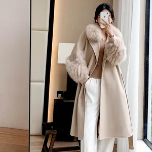 유럽 뜨거운 판매 수제 큰 진짜 여우 모피 칼라 벨트 디자인 슬림 맞는 긴 캐시미어 코트 겨울 여성 양모 코트 모피