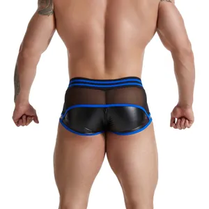 Mens Sexy Faux Leather Booty Shorts Gay Man Transparent Mesh Briefs Male PU Leather Black Blue Back Open Underwear