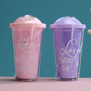 Double Walled Plastic Straw Cup With Sliding Lid Sequined Water Bottle For Students Back To School 2 Piece Set - Product Image 2