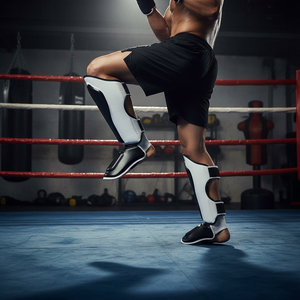 Protège-tibias Eagle View MMA Muay Thai Kickboxing, ajustement universel, protections élastiques pour le voûte plantaire, en PU, pour l'entraînement de Boxeo, avec chauffe-jambes inclus - Product Image 2
