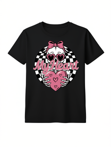 T-shirt da donna con stampa cuore e teschio, girocollo, manica corta, vestibilità ampia, casual, primavera estate, regalo di San Valentino, 100% cotone - Product Image 1