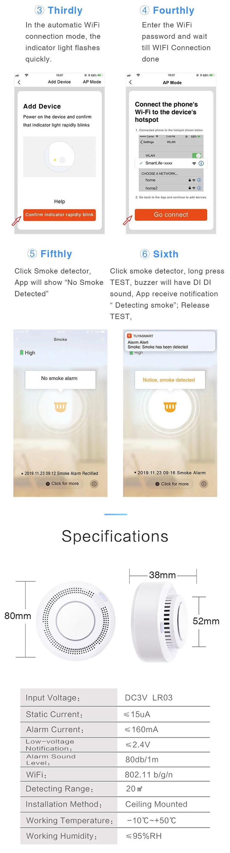 Smart Tuya WiFi smoke sensor fire alarm for smoke alarm system CE EN14604 Stanadard