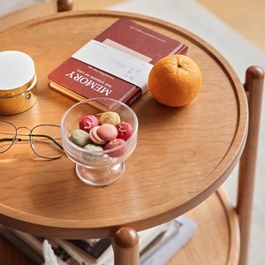 Nordic Solid Wood Coffee <b>Table</b> Cherry Wood <b>Round</b> Double Layer Movable Wheeled <b>Side</b> <b>Table</b> For Living Room - Product Image 2