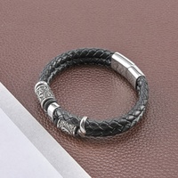Bracelet en cuir noir à double couche en acier inoxydable avec fermoir magnétique, perles viking, nœud celtique, boussole