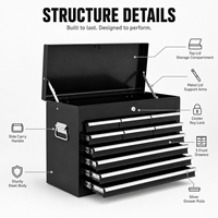 Armoire à outils portative en acier noir thermolaqué, robuste, 10 tiroirs, couvercle rabattable verrouillable, garantie 1 an, fournie directement par l'usine Guanpin