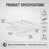 Cadre de lit plateforme en métal minimaliste blanc mat avec tête de lit à 3 lattes, sommier à lattes, assemblage KD, entièrement réglable, pour chambre d'hôtel