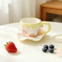 Lelyi Creative Relief Ice Cream Hand-painted Bow Flower Ceramic Cup Cute fairy Coffee Cup Set