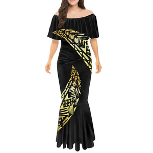 Abito Maxi a coda di pesce <span class=keywords><strong>giallo</strong></span> modello tribale polinesiano con spalle scoperte abito con volant abiti personalizzati abito aderente con Design floreale Tapa - Product Image 4