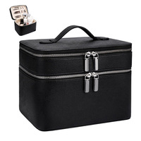 Sac de maquillage de voyage à double fermeture éclair, grande capacité, étanche, en cuir PU, avec séparateur amovible, sangles élastiques