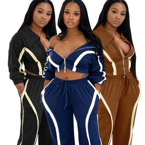 ชุดเซ็ทลำลองสองชิ้นสำหรับผู้หญิง แฟชั่นฤดูใบไม้ร่วง เสื้อครอปแขนยาว กางเกงขายาวเอวสูง สไตล์เซ็กซี่ - Product Image 1