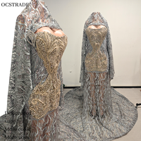 Robe de bal sirène grise sans bretelles faite à la main Ocstrade avec broderie de strass argentés, voile en maille transparente et longue traîne pour soirée de gala