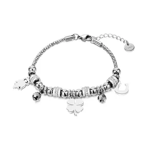 Pulseira de coruja de aço inoxidável, bracelete com berloque de trevo branco e coruja, joia, presentes para meninas