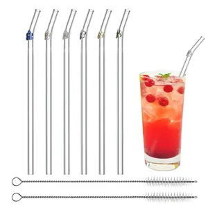 ENTESI Custom Reusable Drinking Clear Bent Straight Flower Shape Glass Paille Anti Wrinkle Straw Straws Charms Set With Design