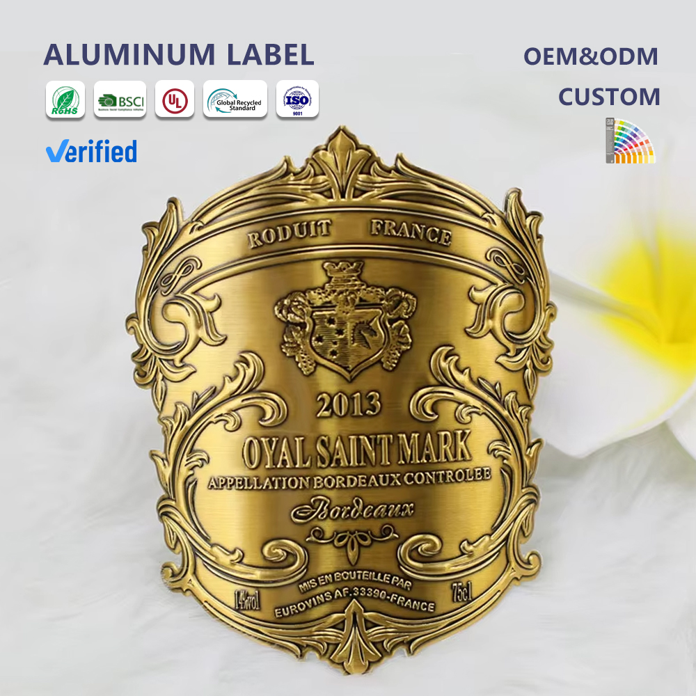 Gold Aluminum Foil 3D Label Customized Wine Perfume Bottle Metal Crafts Embossed Design High Quality Stickers For Wine Bottle