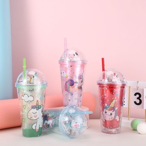 450ml Reusable Magical Unicorn Themed Double Wall <b>Plastic</b> <b>Straw</b> Tumbler with Mini Unicorn Figurine & Silver Sequin Filled Dome - Product Image 2