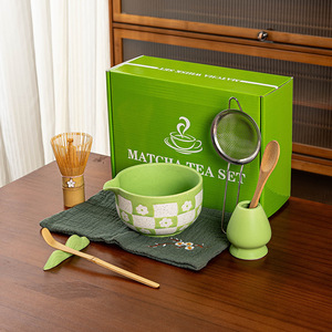 Ensemble de thé matcha de style japonais 8 pièces, bol en céramique verte avec bec verseur, boîte colorée Bai Ben Li, motif écossais transfrontalier fleurs de cerisier pour le thé - Product Image 2