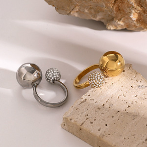 PVD Gold Stainless Steel Adjustable <b>Open</b> <b>Ring</b> for Women | Paved Crystal Ball & Polished Sphere | Waterproof & Hypoallergenic - Product Image 4