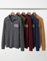 Pull Polo Homme Personnalisé en Maille Câblée avec Fermeture Éclair Courte, Broderie Texte Blanc Vintage, Streetwear, Haut à Manches Longues en Maille