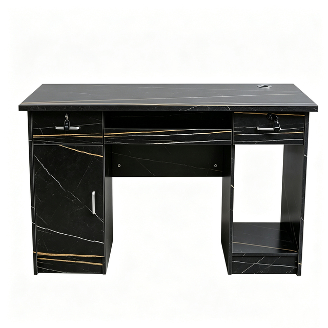 Modern Computer Desk with Side Storage Shelves & Lockable Drawer Cabinet Marble Grain Home Writing Workstation for Study Room