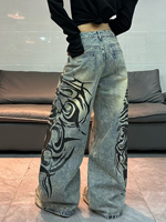 Jean en denim taille haute pour femme, brodé sur mesure, délavé vintage, coupe baggy droite évasée