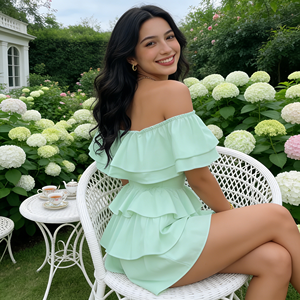 จั๊มสูทสีเขียวอ่อนแต่งระบายช่วงไหล่สำหรับผู้หญิง |   ดีไซน์ทรงหวานสำหรับสาวพลัสไซส์ |   กางเกงวันพีซแห้งเร็วสำหรับฤดูร้อน รุ่น Garden - Product Image 4