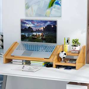 竹製ノートパソコンスタンド デスク用 3段階高さ調整可能 ノートパソコンスタンド コンピューターモニターライザー 2段収納棚付き - Product Image 4