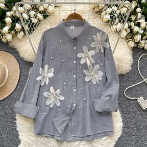 2025 Loose Stripe Blouse Women 3D Floral <strong>Crystal</strong> Design Elegant <strong>Top</strong> For Chic Style Long For Women <strong>Tops</strong> - Product Image 4
