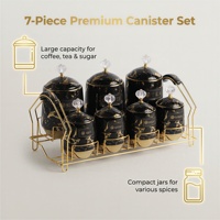 Ensemble de pots à épices en céramique marbrée noire et or de luxe, 7 pièces, pot à sucre, café, thé en porcelaine plaqué or avec couvercle en cristal et support