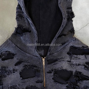 Manufacturers Clothing Custom Waffle Thermal Hoodie Distress Acid Wash Vintage <b>Zip</b> <b>up</b> <b>Jackets</b> Blank Waffle Hoodies for Men - Product Image 4