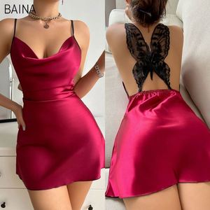 Pyjama sexy en satin de soie pour femmes, robe de nuit dos nu avec broderie papillon, robe sexy - Product Image 4