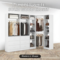 Système de placard d'angle en forme de L, dressing sur mesure, 6 tiroirs, 14 étagères, design réversible autoportant, en bois massif blanc