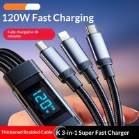 Cable de Datos Tres en Uno con Pantalla Digital Inteligente de 120W, Conectores Micro USB/Tipo-C, Carga Súper Rápida